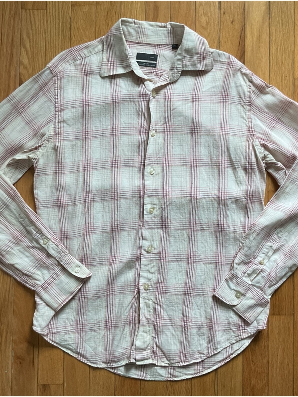 Zara Linen Button Front Plaid Shirt Mens Size L Casual Long Sleeve Office